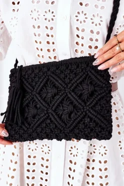 Sale Torebka Listonoszka Makrama BRUNO ROSSI Czarna Torebki Plażowe|Torebki Klasyczne