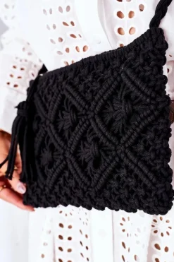 Sale Torebka Listonoszka Makrama BRUNO ROSSI Czarna Torebki Plażowe|Torebki Klasyczne