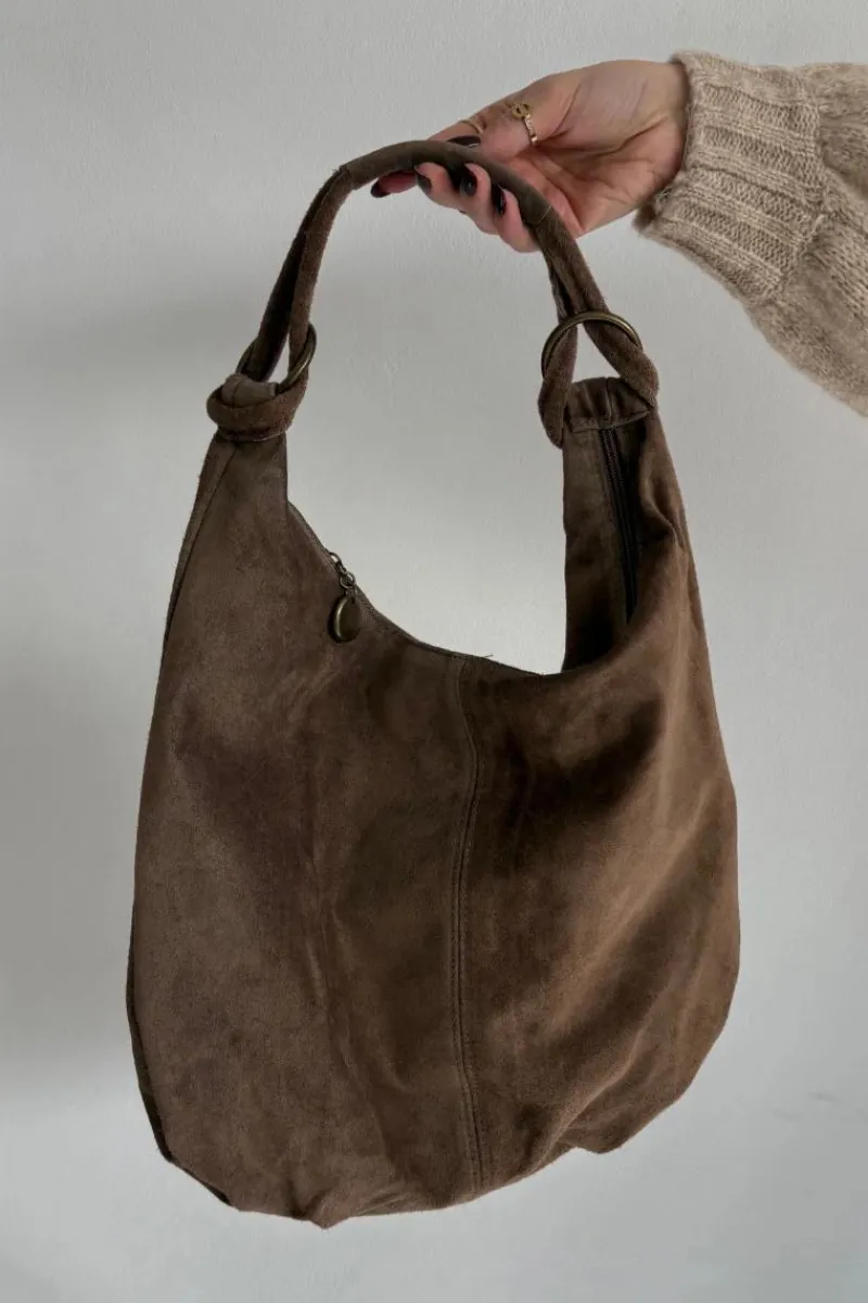 Hot Torebka Z Naturalnego Zamszu Ciemnobeżowa Floriah Torebki Klasyczne