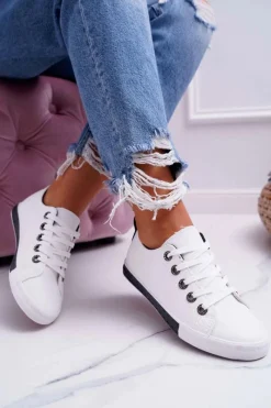 Outlet Boto Trampki Damskie Białe Czarny Pasek Nigrid2