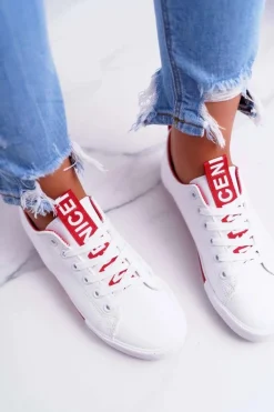 Trampki Damskie Niskie>Boto Trampki Damskie Białe Czerwony Pasek Nigrid