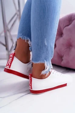 Trampki Damskie Niskie></noscript>Boto Trampki Damskie Białe Czerwony Pasek Nigrid