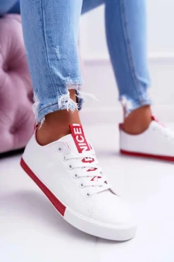 Trampki Damskie Niskie></noscript>Boto Trampki Damskie Białe Czerwony Pasek Nigrid