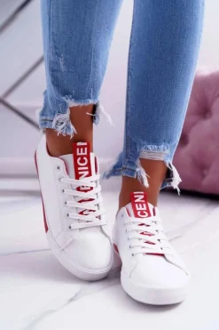 Trampki Damskie Niskie></noscript>Boto Trampki Damskie Białe Czerwony Pasek Nigrid