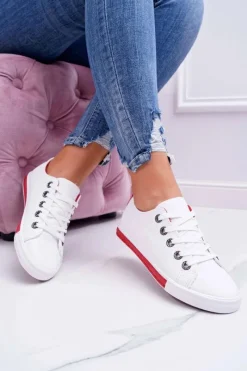 Hot Trampki Damskie Białe Czerwony Pasek Nigrid2 Damskie Trampki Damskie Niskie