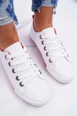 Hot Trampki Damskie Białe Czerwony Pasek Nigrid2 Damskie Trampki Damskie Niskie