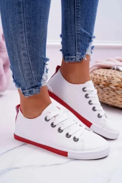 Hot Trampki Damskie Białe Czerwony Pasek Nigrid2 Damskie Trampki Damskie Niskie