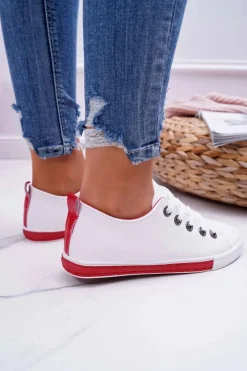 Hot Trampki Damskie Białe Czerwony Pasek Nigrid2 Damskie Trampki Damskie Niskie