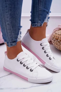 Trampki Damskie Niskie></noscript>Boto Trampki Damskie Białe Różowy Pasek Nigrid2