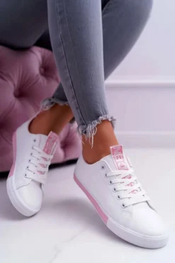 Online Trampki Damskie Białe Różowy Pasek Nigrid Damskie Trampki Damskie Niskie