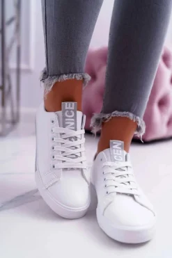 Hot Trampki Damskie Białe Szary Pasek Nigrid Damskie Trampki Damskie Niskie