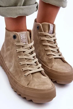 Hot Big Star Shoes Trampki Damskie Big Star Wysokie Ocieplane Beżowe GG274071