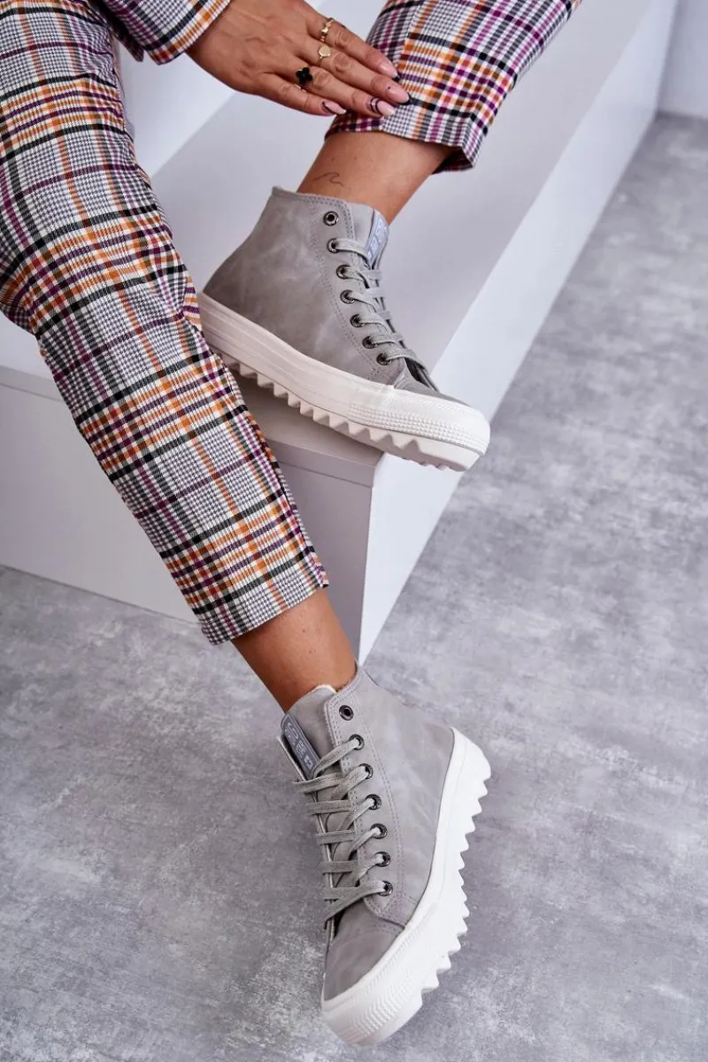 Sale Big Star Shoes Trampki Damskie Big Star Wysokie Ocieplane Szare EE274114 Szary