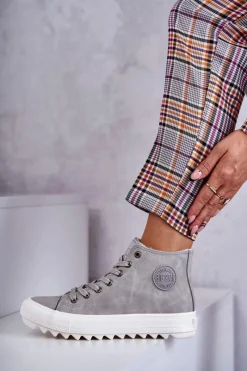 Sale Big Star Shoes Trampki Damskie Big Star Wysokie Ocieplane Szare EE274114 Szary