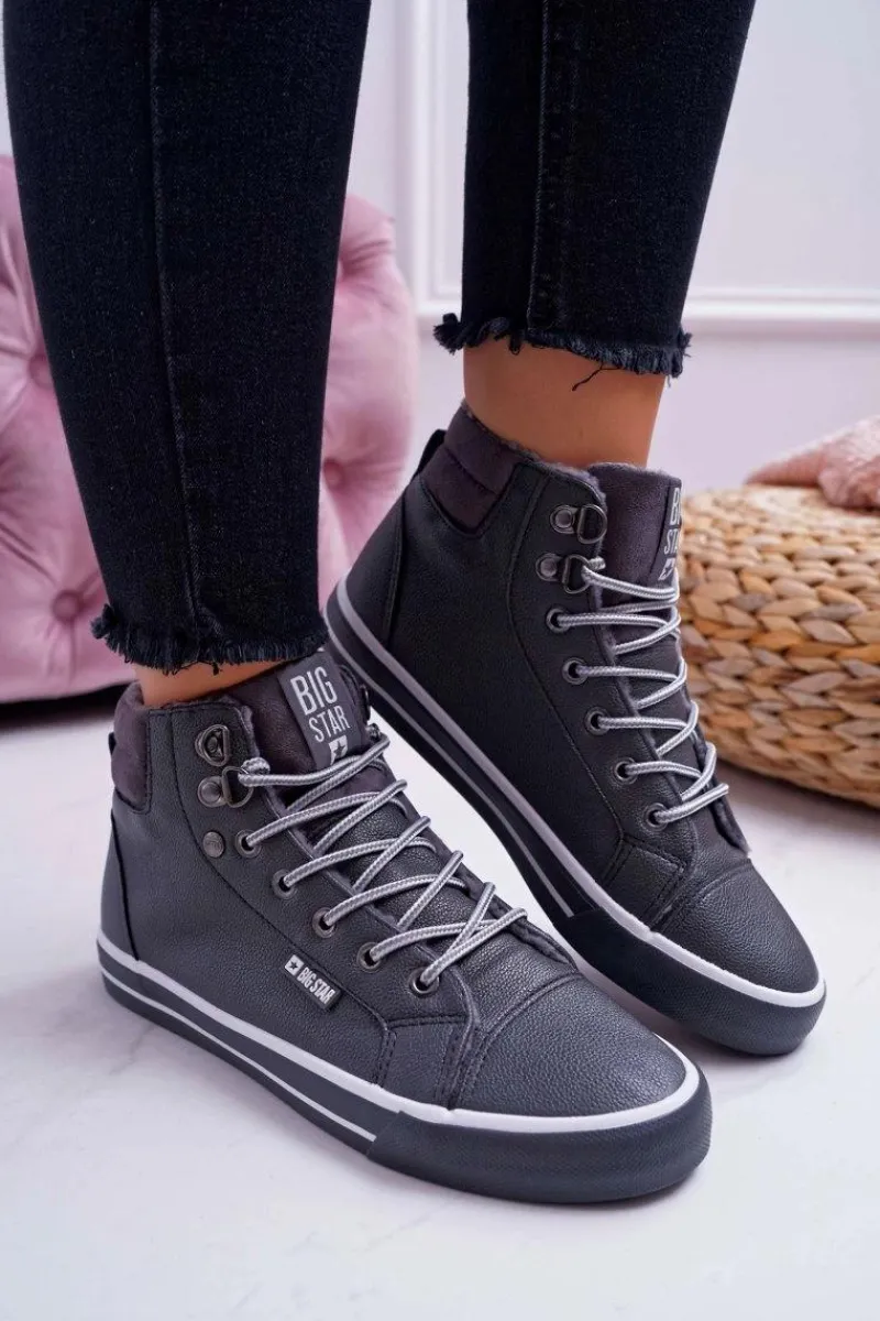 Trampki Ocieplane|Trampki Damskie Wysokie>Big Star Shoes Trampki Damskie Big Star Wysokie Szare Ocieplane EE274413