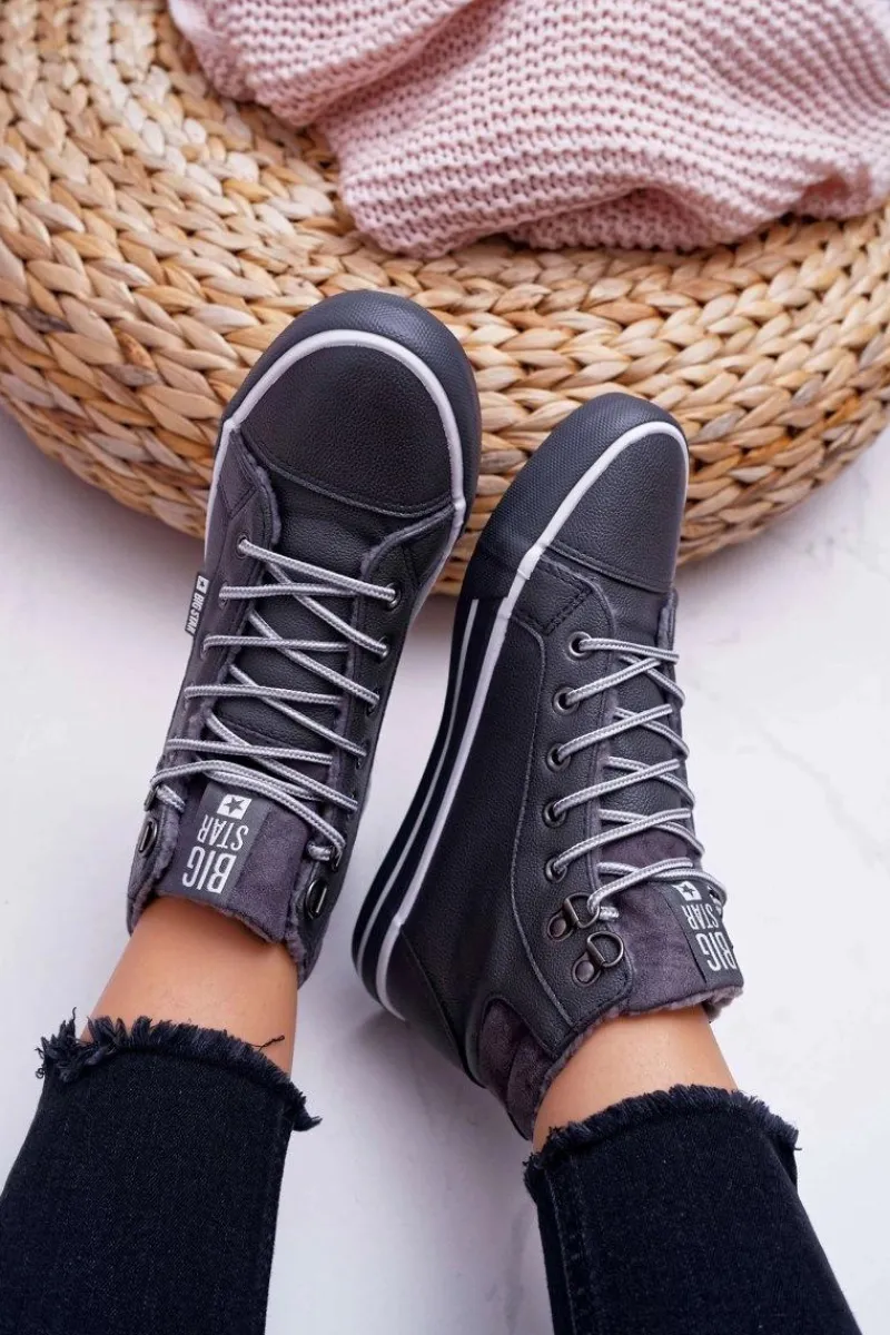 Trampki Ocieplane|Trampki Damskie Wysokie>Big Star Shoes Trampki Damskie Big Star Wysokie Szare Ocieplane EE274413