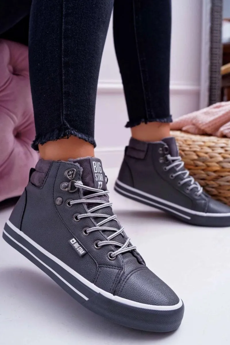 Trampki Ocieplane|Trampki Damskie Wysokie>Big Star Shoes Trampki Damskie Big Star Wysokie Szare Ocieplane EE274413