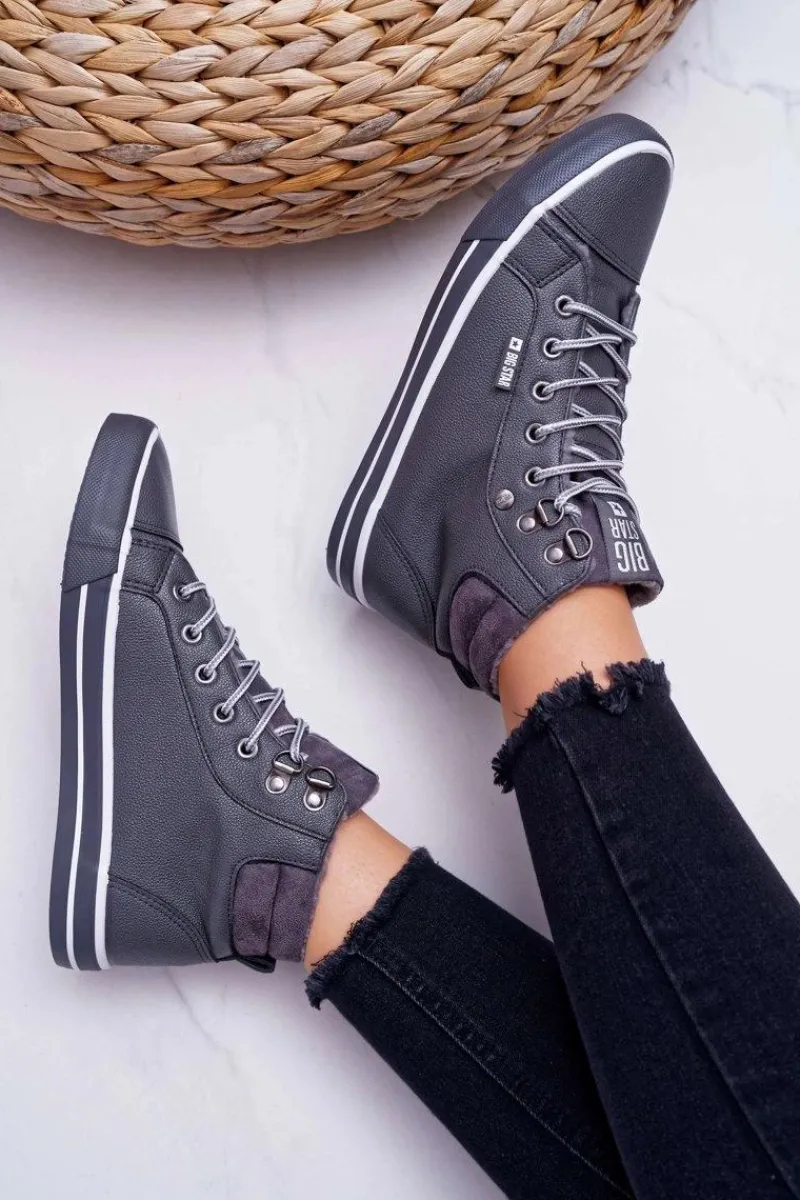 Trampki Ocieplane|Trampki Damskie Wysokie>Big Star Shoes Trampki Damskie Big Star Wysokie Szare Ocieplane EE274413