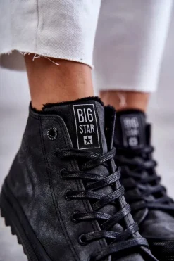 Hot Big Star Shoes Trampki Damskie Big Star Wysokie Ocieplane Czarne GG274069 Czarny