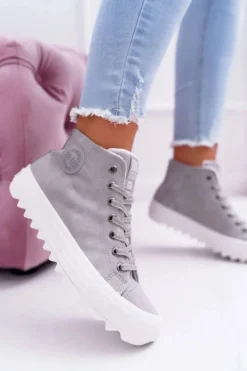 Big Star Shoes Trampki Damskie Big Star Wysokie Ocieplane Szare EE274114