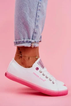 Clearance Trampki Damskie Biało Różowe FF2R4075C Damskie Trampki Damskie Cross Jeans