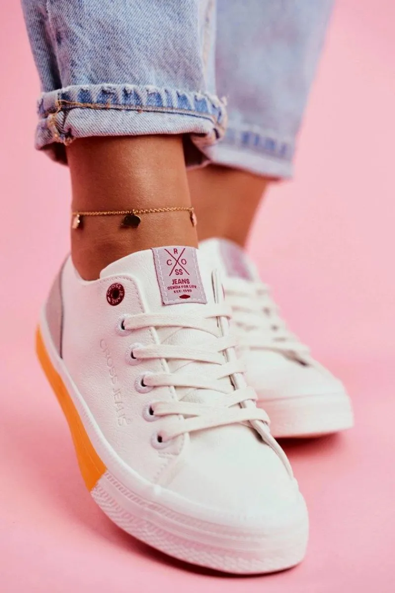 Best Trampki Damskie Biało Pomarańczowe FF2R4043C Damskie Trampki Damskie Cross Jeans