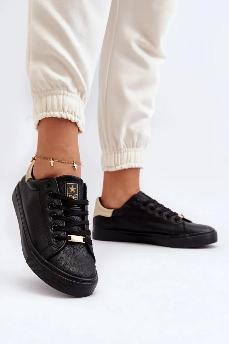 Trampki Damskie Niskie>Evento Trampki Damskie Eko Skóra Czarne Tiraelle