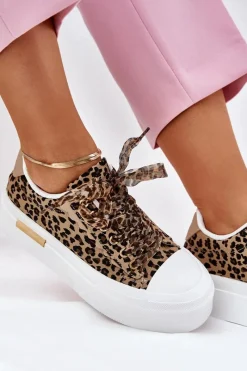 Trampki Damskie Niskie></noscript>Boto Trampki Damskie Na Masywnej Platformie Z Ozdobnym Sznurowaniem Panterka Brązowe Zidora Brązowy