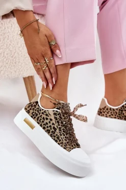 Trampki Damskie Niskie></noscript>Boto Trampki Damskie Na Masywnej Platformie Z Ozdobnym Sznurowaniem Panterka Brązowe Zidora Brązowy