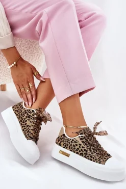 Trampki Damskie Niskie></noscript>Boto Trampki Damskie Na Masywnej Platformie Z Ozdobnym Sznurowaniem Panterka Brązowe Zidora Brązowy