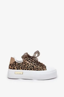 Trampki Damskie Niskie></noscript>Boto Trampki Damskie Na Masywnej Platformie Z Ozdobnym Sznurowaniem Panterka Brązowe Zidora Brązowy