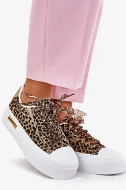Trampki Damskie Niskie></noscript>Boto Trampki Damskie Na Masywnej Platformie Z Ozdobnym Sznurowaniem Panterka Brązowe Zidora Brązowy