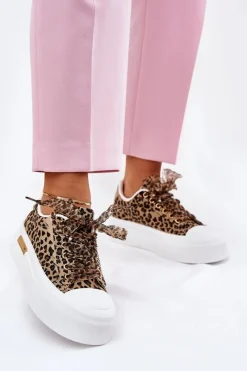 Trampki Damskie Niskie></noscript>Boto Trampki Damskie Na Masywnej Platformie Z Ozdobnym Sznurowaniem Panterka Brązowe Zidora Brązowy