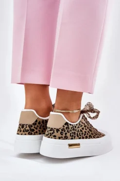 Trampki Damskie Niskie></noscript>Boto Trampki Damskie Na Masywnej Platformie Z Ozdobnym Sznurowaniem Panterka Brązowe Zidora Brązowy