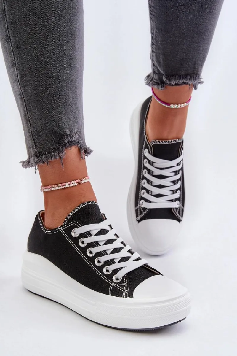 Trampki Damskie Niskie>Boto Trampki Damskie Na Masywnej Platformie Czarne Amyete