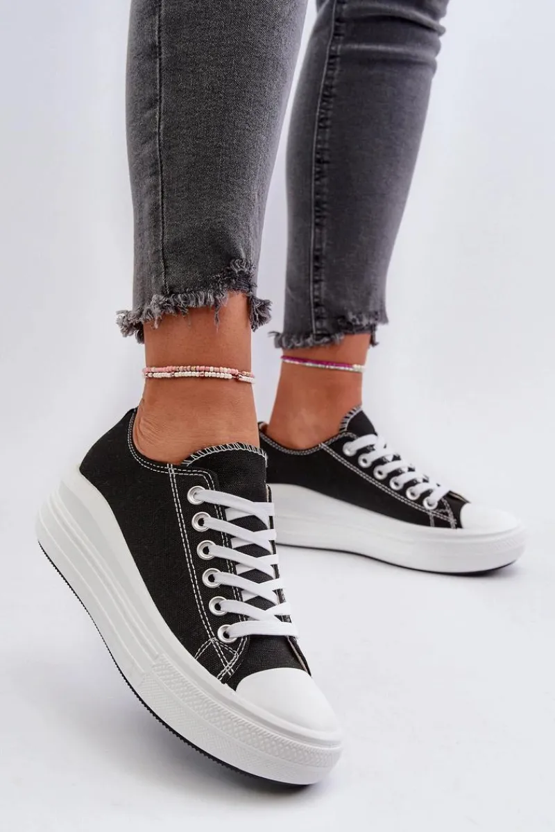 Trampki Damskie Niskie>Boto Trampki Damskie Na Masywnej Platformie Czarne Amyete