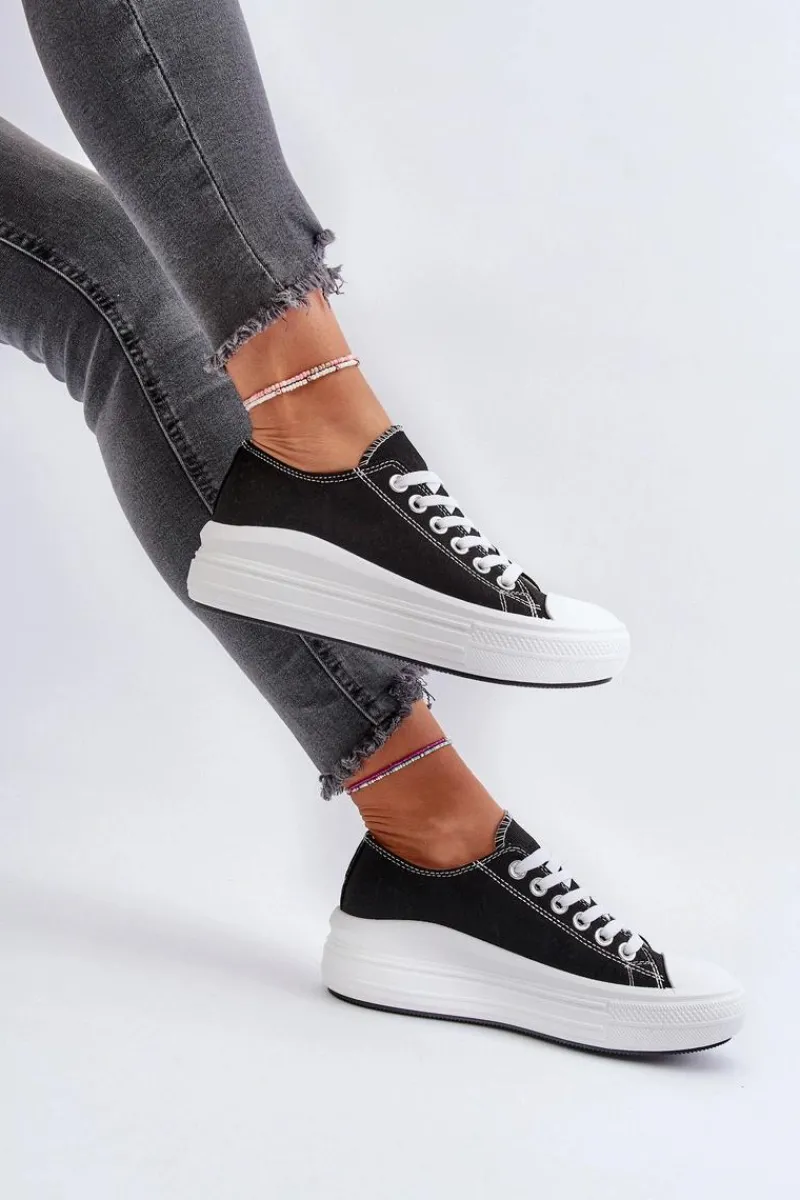 Trampki Damskie Niskie>Boto Trampki Damskie Na Masywnej Platformie Czarne Amyete