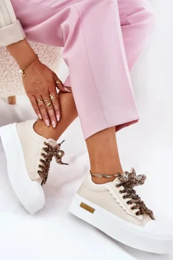 New Boto Trampki Damskie Na Masywnej Platformie Z Ozdobnym Sznurowaniem Beżowe Zidora