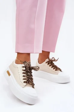 New Boto Trampki Damskie Na Masywnej Platformie Z Ozdobnym Sznurowaniem Beżowe Zidora