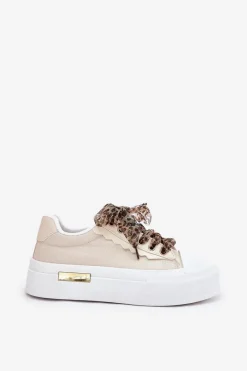 New Boto Trampki Damskie Na Masywnej Platformie Z Ozdobnym Sznurowaniem Beżowe Zidora