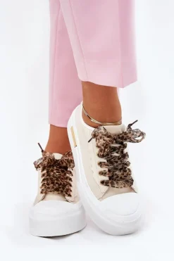 New Boto Trampki Damskie Na Masywnej Platformie Z Ozdobnym Sznurowaniem Beżowe Zidora