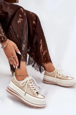 Trampki Damskie Na Masywnej Platformie S.Barski BF51-101 Beżowe Damskie Trampki Damskie Niskie