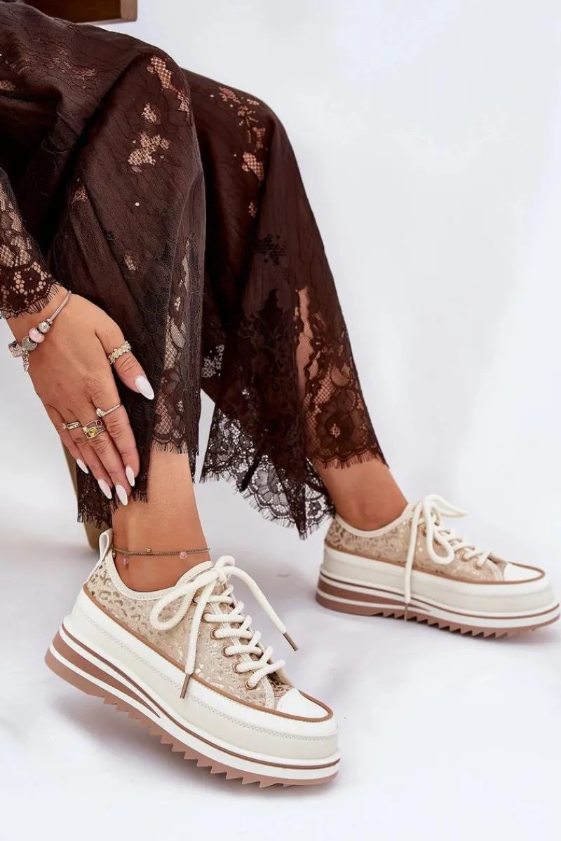 Trampki Damskie Na Masywnej Platformie S.Barski BF51-101 Beżowe Damskie Trampki Damskie Niskie