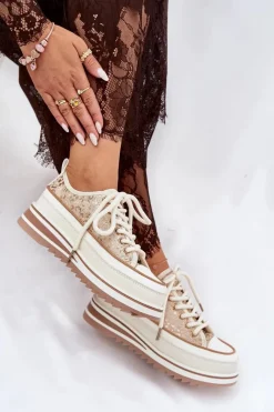 Trampki Damskie Na Masywnej Platformie S.Barski BF51-101 Beżowe Damskie Trampki Damskie Niskie