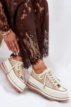 Trampki Damskie Na Masywnej Platformie S.Barski BF51-101 Beżowe Damskie Trampki Damskie Niskie