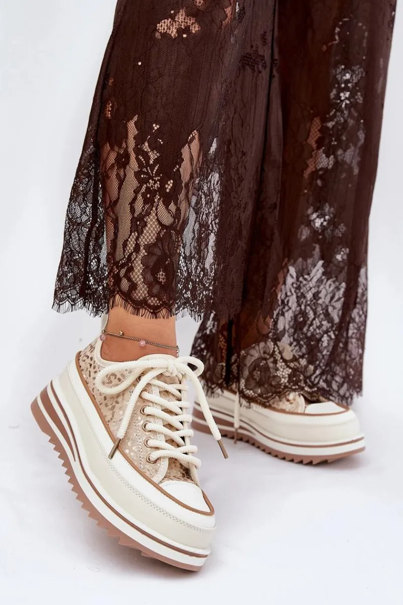 Trampki Damskie Na Masywnej Platformie S.Barski BF51-101 Beżowe Damskie Trampki Damskie Niskie