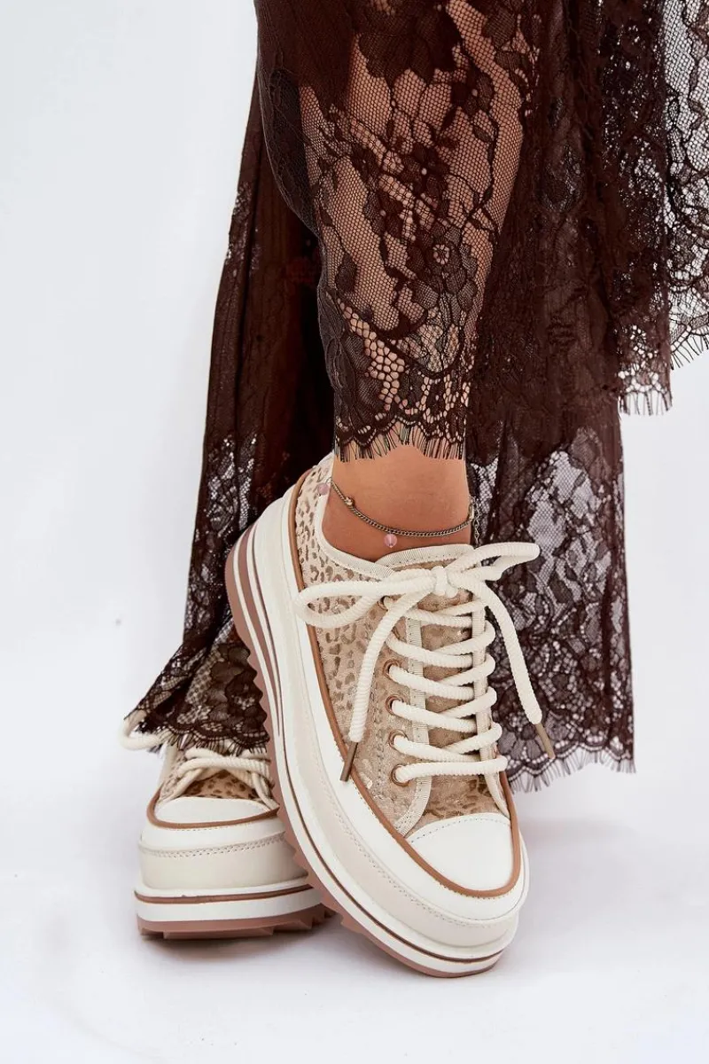 Trampki Damskie Na Masywnej Platformie S.Barski BF51-101 Beżowe Damskie Trampki Damskie Niskie