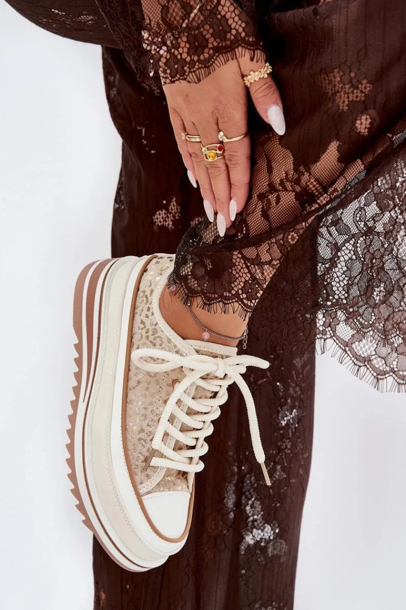 Trampki Damskie Na Masywnej Platformie S.Barski BF51-101 Beżowe Damskie Trampki Damskie Niskie