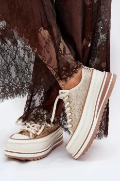 Trampki Damskie Na Masywnej Platformie S.Barski BF51-101 Beżowe Damskie Trampki Damskie Niskie