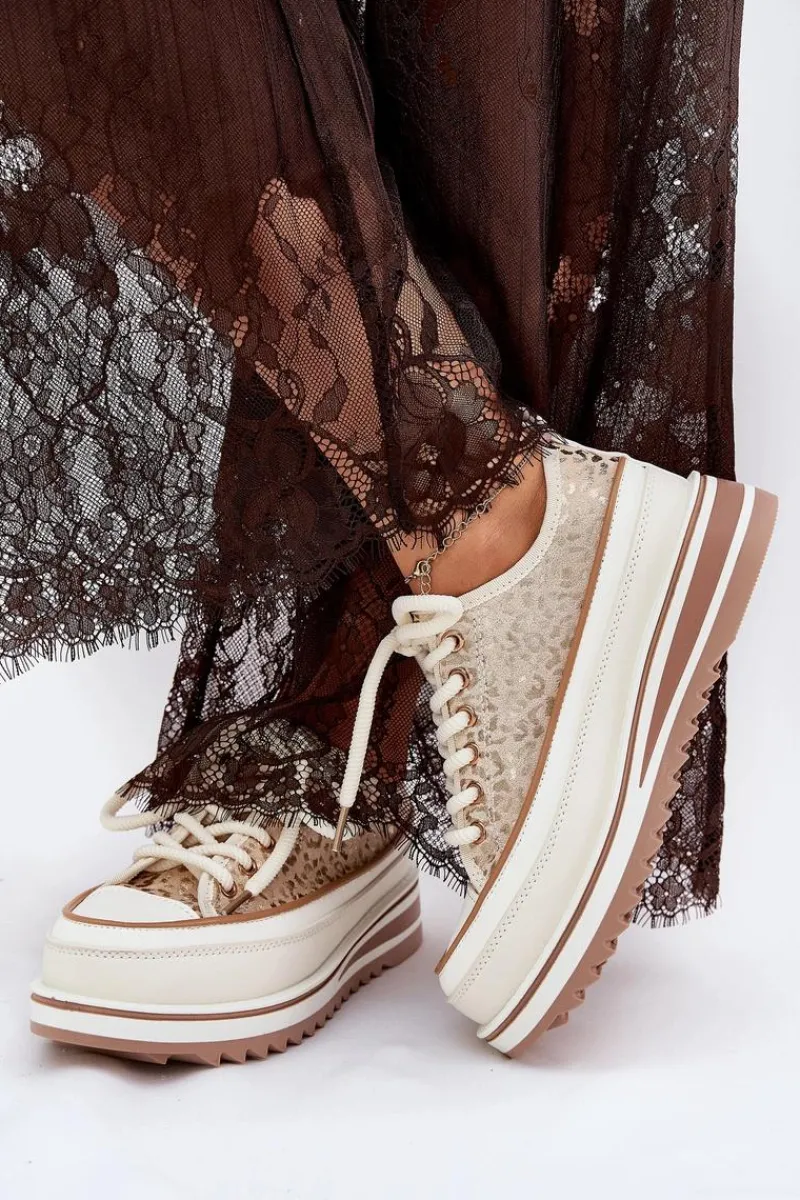 Trampki Damskie Na Masywnej Platformie S.Barski BF51-101 Beżowe Damskie Trampki Damskie Niskie